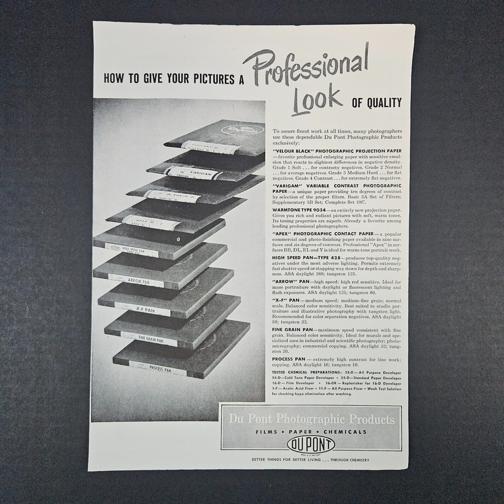 1951 DuPont Photography‎ Products Vintage Print Ad Films Paper Chemicals Pans